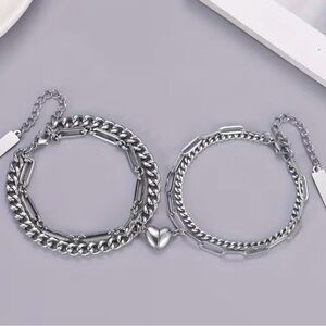 Couples Silver Heart Charm Bracelet Set
